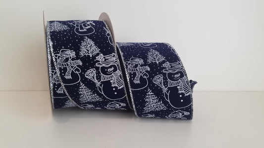 2.5" Blue Velvet Snowman Wired Ribbon
