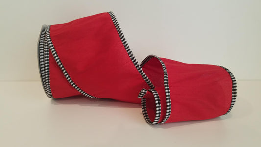 4" Dupioni Red with Black/White Checked Trim Wired Ribbon