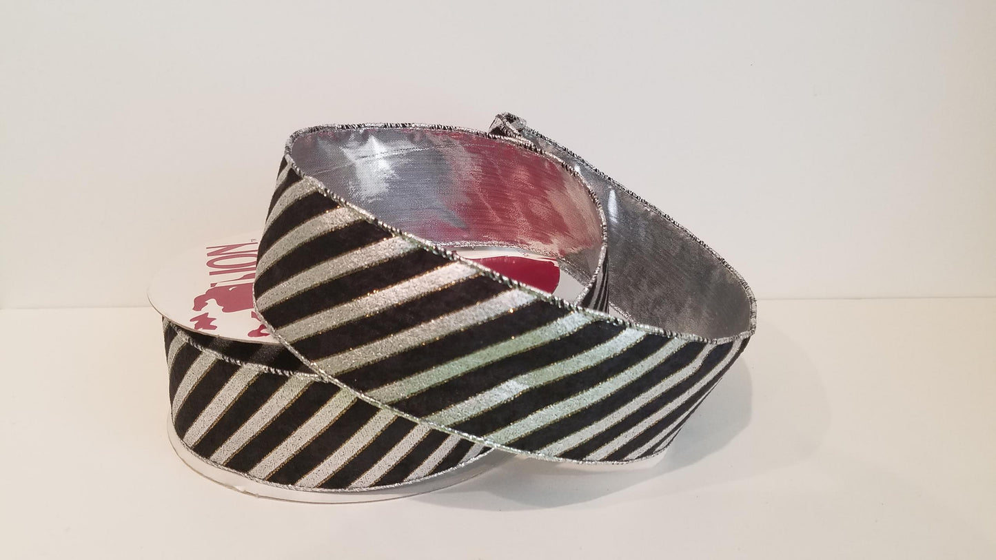 2.5" Gralofski Black and Silver Striped Wired Ribbon