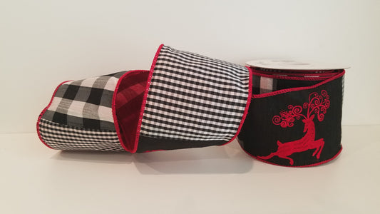 4" Black/White Check with Red Prancing Reindeer Wired Ribbon