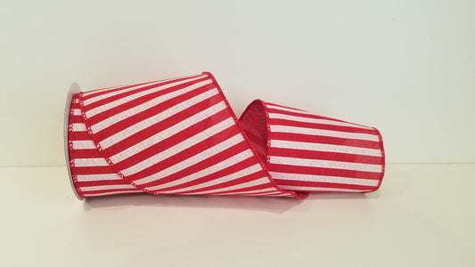 4" Railroad Stripe Red/White Wired Ribbon