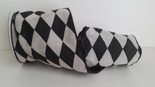 4" Cream and Black Harlequin Wired Ribbon