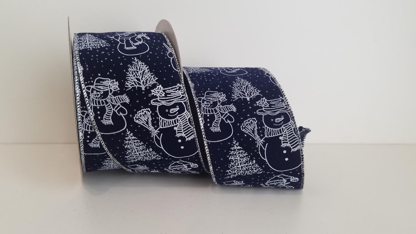 2.5" Blue Velvet Snowman Wired Ribbon