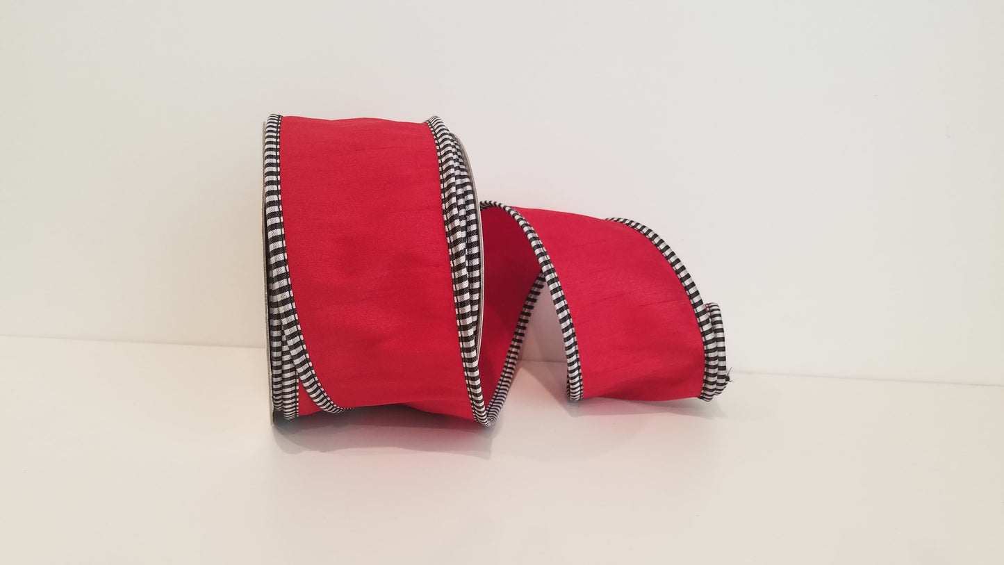 2.5" Dupioni Red with Black/White Checked Trim Wired Ribbon