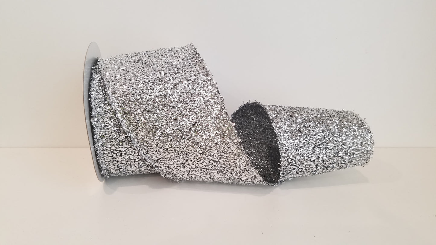 4" Jazz Era Glittery Wired Ribbon - Silver