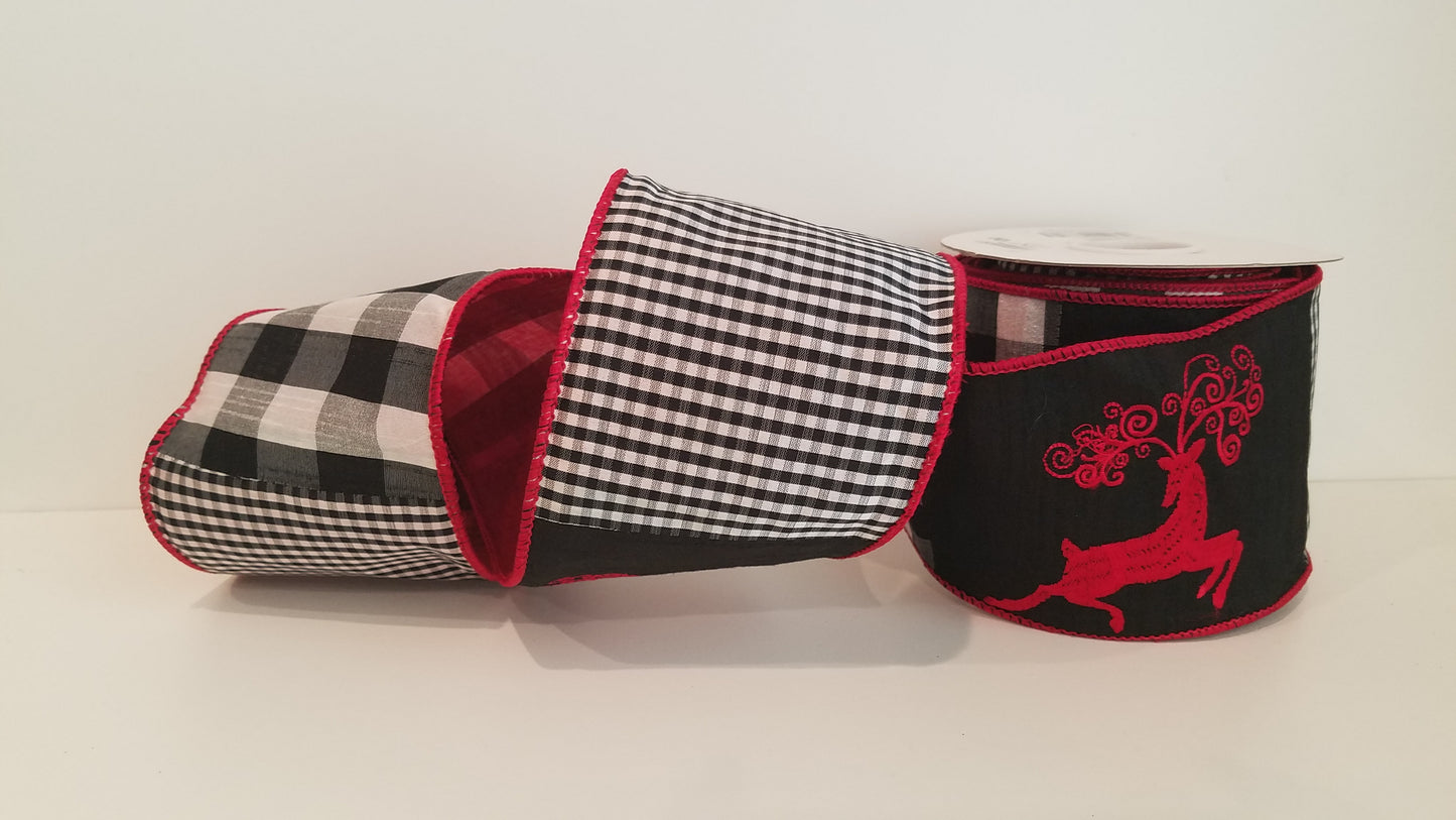 4" Black/White Check with Red Prancing Reindeer Wired Ribbon